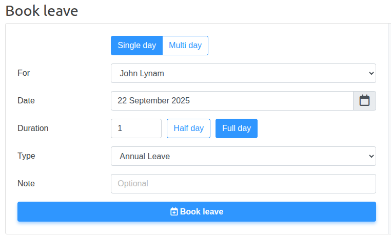 Annual Leave Tracker booking interface showing easy leave request form