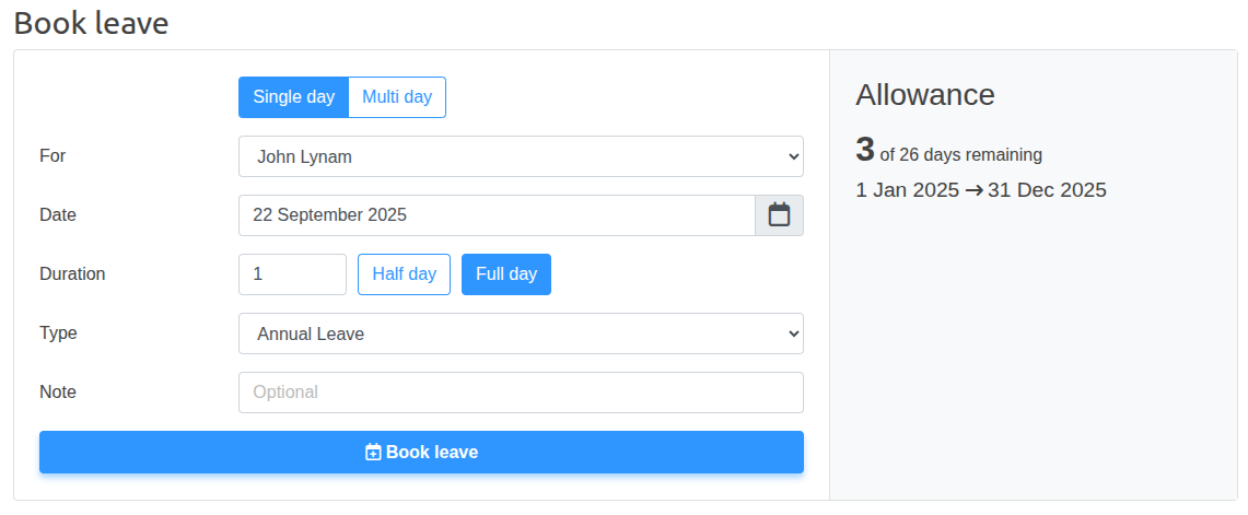 Leave booking form showing simple interface for requesting time off