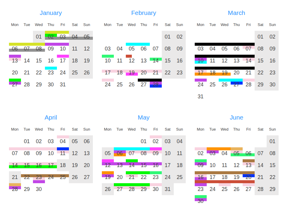 Annual Leave Tracker yearly calendar view showing team leave at a glance
